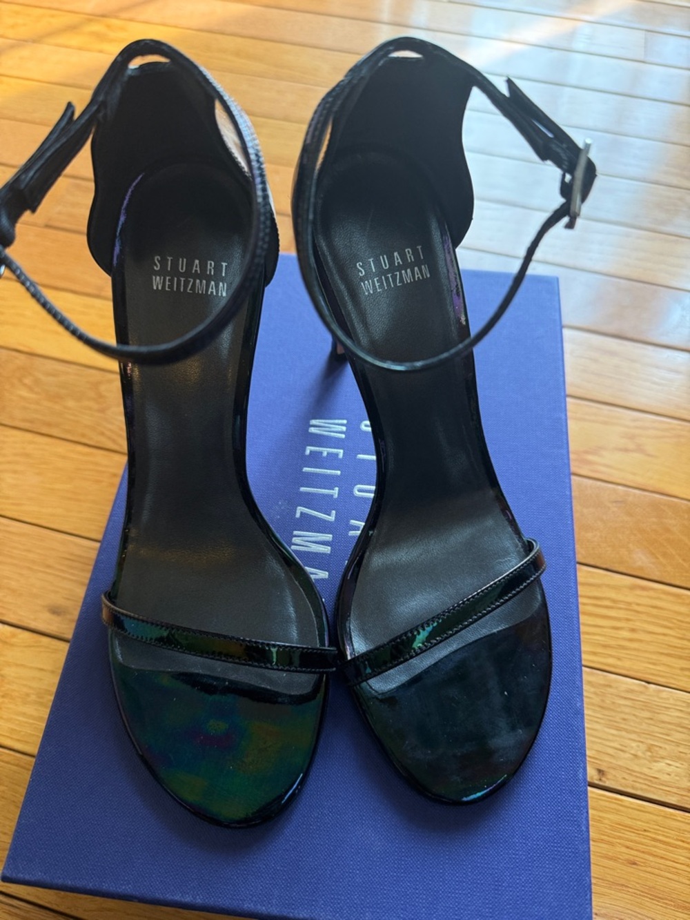 Stuart Weitzman Black Iridescent Ankle-Strap Heels